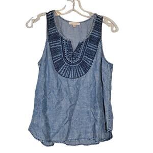 Skies Are Blue Women Chambray Top Embroidered Sleeveless Round Hem Blue Medium